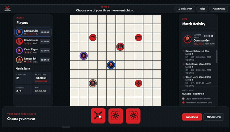 TrapMove digital game in action, with movement chips remaining on the board